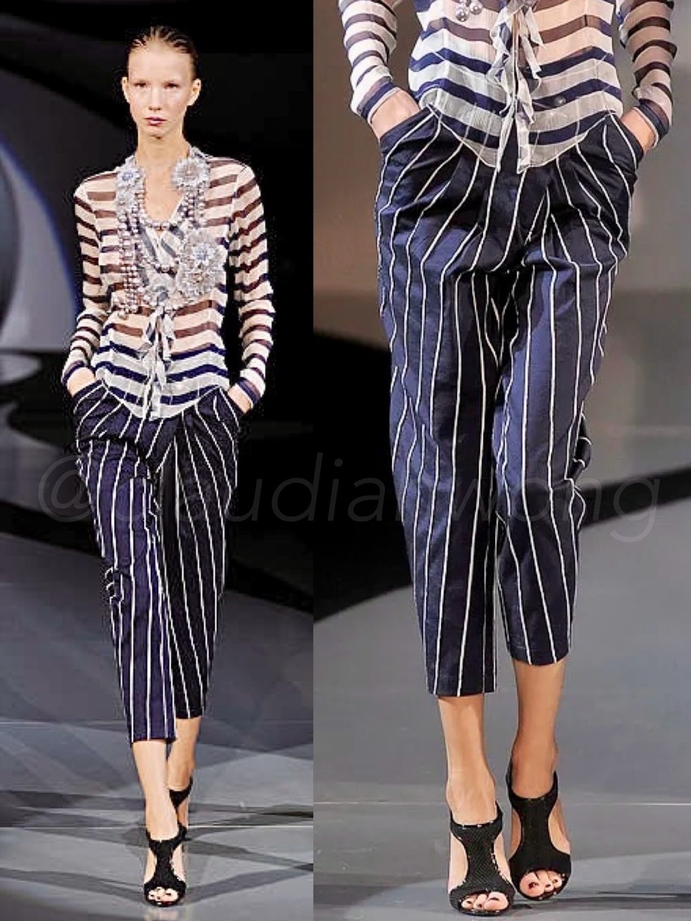 Vintage EMPORIO ARMANI S/S 2009 Stripe Pleated Crop Barrel Pants in Blue White